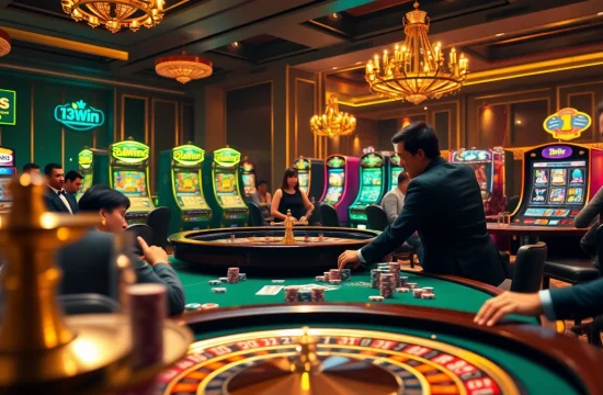 Excited gamblers playing at the 13Win casino table with vibrant poker chips and spinning roulette wheel.