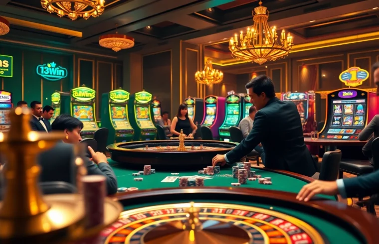 Excited gamblers playing at the 13Win casino table with vibrant poker chips and spinning roulette wheel.
