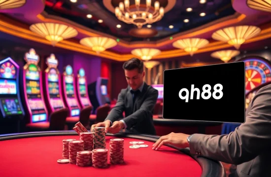 Experience the thrill of qh88 at a luxurious casino with vibrant slot machines and poker tables.