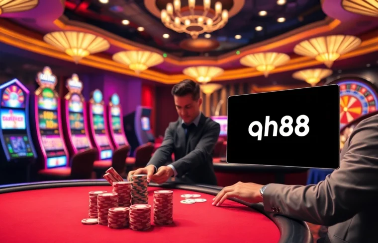 Experience the thrill of qh88 at a luxurious casino with vibrant slot machines and poker tables.