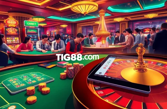 Engaged players enjoying games at TG88.COM with vibrant slots and poker tables in a luxurious casino setting.