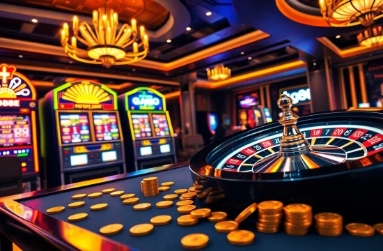 Experience the excitement of tg88 at a vibrant casino scene with roulette and slot machines.