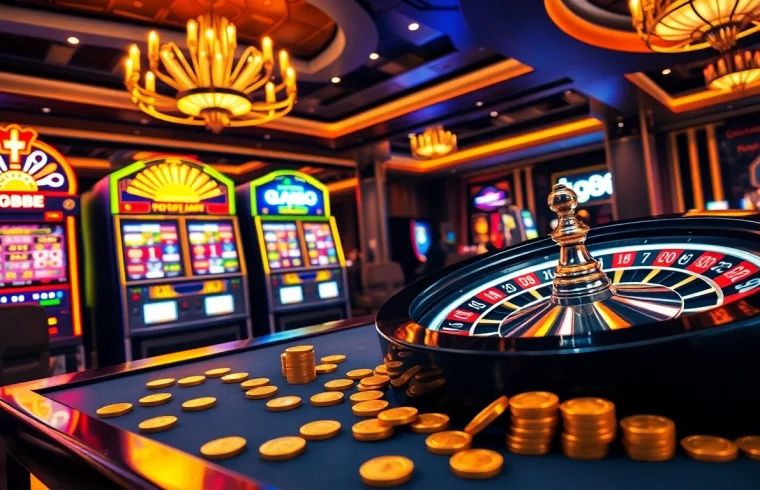 Experience the excitement of tg88 at a vibrant casino scene with roulette and slot machines.