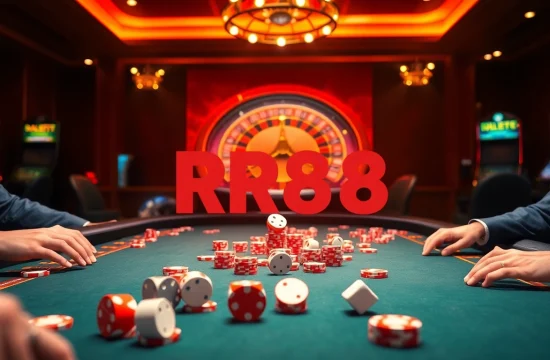 RR88 poker game scene with vibrant chips, dice, and roulette wheel, showcasing online gambling excitement.