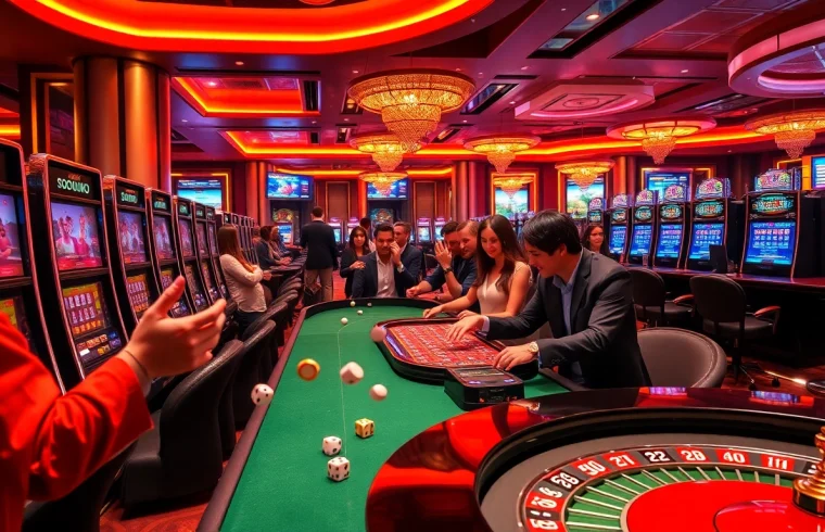 SODO casino players excitedly strategizing at a vibrant gambling table.