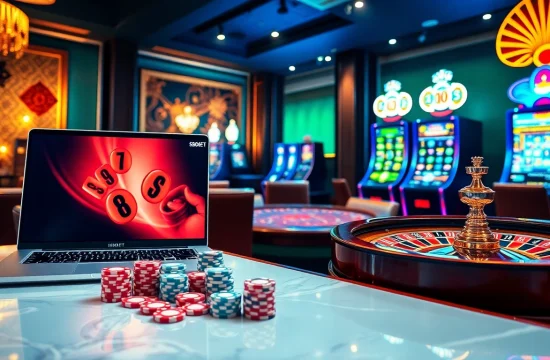 SBOBET casino experience showcasing poker chips and a roulette wheel in a luxurious online gaming setting.