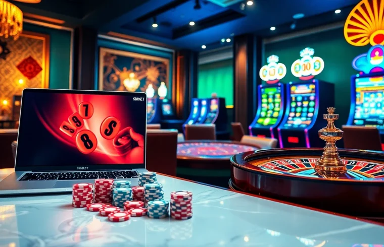 SBOBET casino experience showcasing poker chips and a roulette wheel in a luxurious online gaming setting.