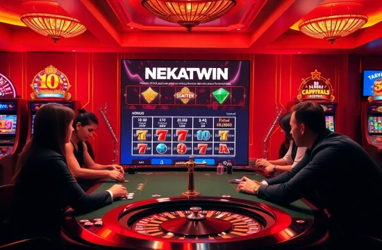 Nekatwin platform illustrating exciting casino action with players and colorful slot machines in a lively setting.