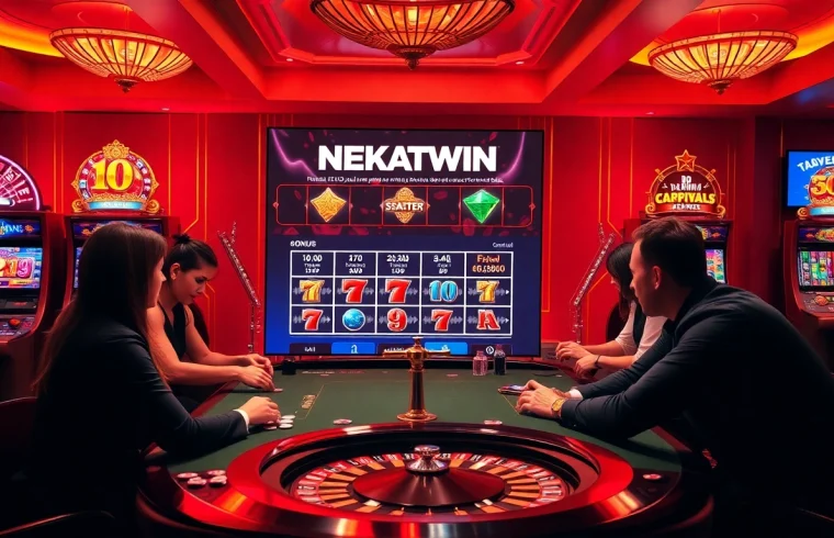 Nekatwin platform illustrating exciting casino action with players and colorful slot machines in a lively setting.