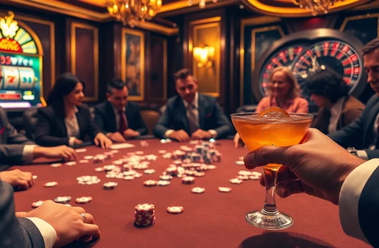 Players strategizing at a poker table while experiencing win 13, with vibrant slot machines in the background.
