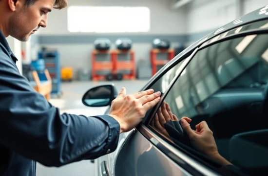 Applying window tint near me by a skilled technician on a vehicle's window for better privacy.