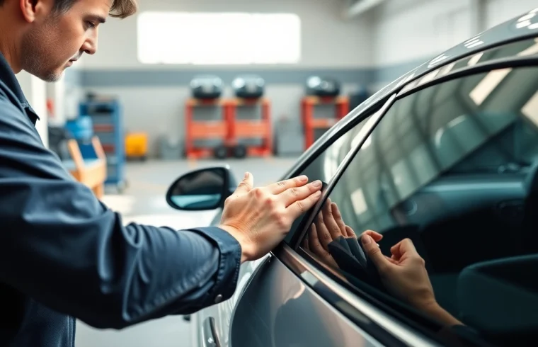Applying window tint near me by a skilled technician on a vehicle's window for better privacy.