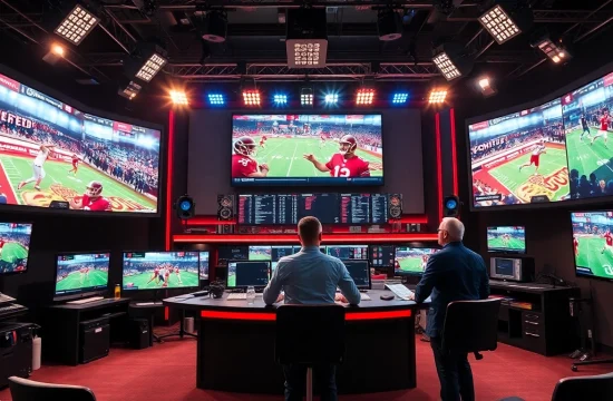 Sports Broadcasting host presenting dynamic game insights in a professional studio setting.
