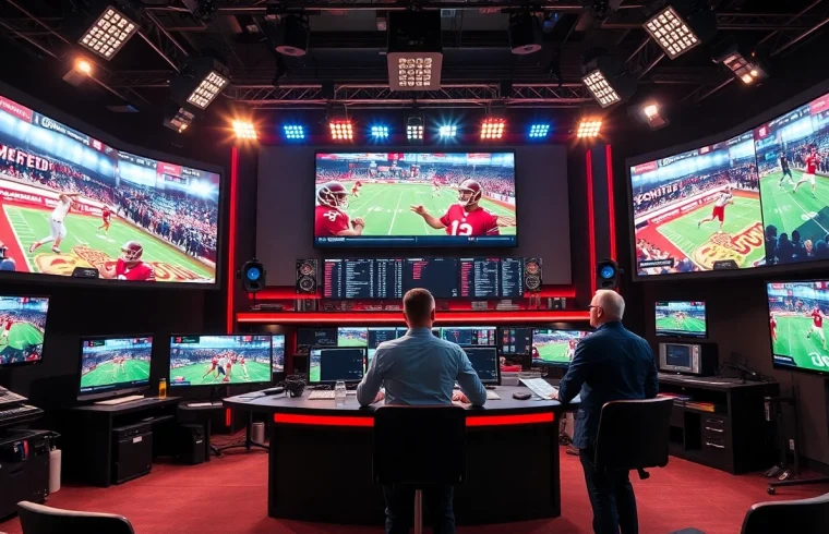 Sports Broadcasting host presenting dynamic game insights in a professional studio setting.