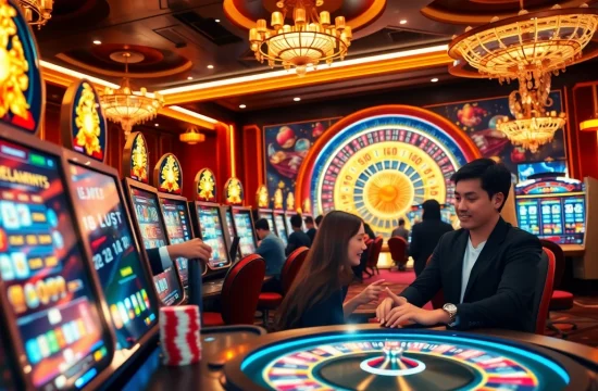 Sizzling gameplay at a situs gacor featuring players celebrating wins with jackpot slot machines and vibrant casino decor.
