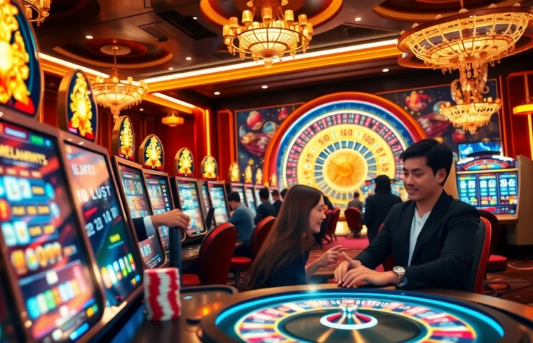 Sizzling gameplay at a situs gacor featuring players celebrating wins with jackpot slot machines and vibrant casino decor.
