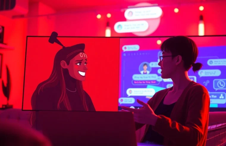 Spicychat interactive AI character engaging with a user in a vibrant chat environment.