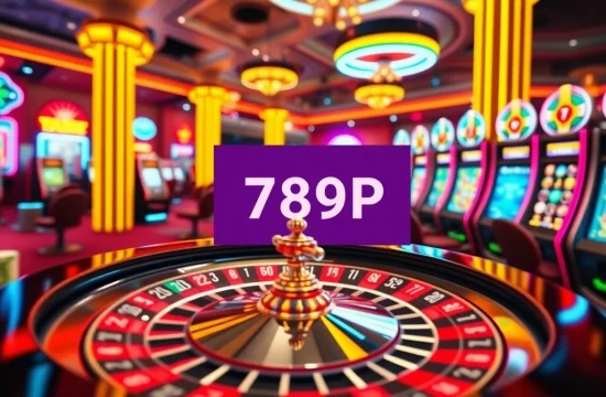 Experience the thrill of gambling with 789P's vibrant online casino atmosphere featuring roulette wheels and poker chips.