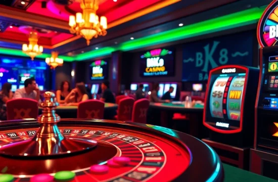 Experience the thrill of bk8 เครดิตฟรี at an exciting casino with vibrant gaming tables and slot machines.