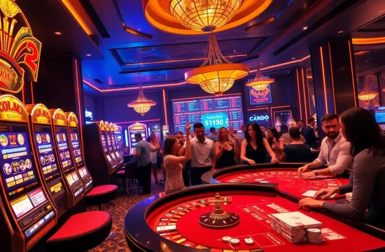 SODO-themed casino scene showcasing lively players at a poker table surrounded by vibrant slot machines.