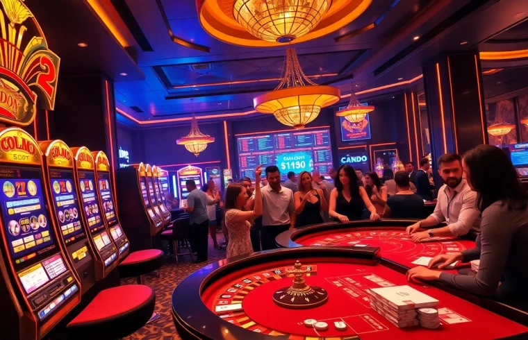 SODO-themed casino scene showcasing lively players at a poker table surrounded by vibrant slot machines.