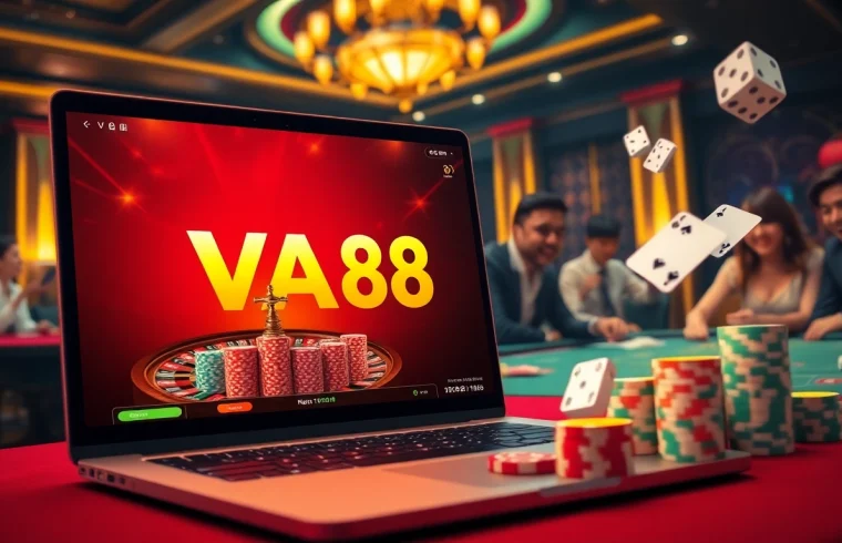 Gamblers engaging excitingly in a luxurious VA88 online casino scene with roulette and poker.