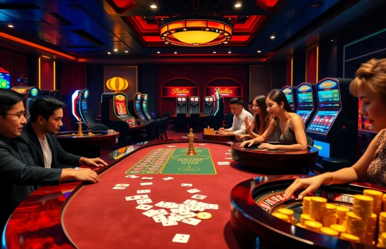 Players enjoying the excitement of nhà cái kjc at a luxurious online casino table.