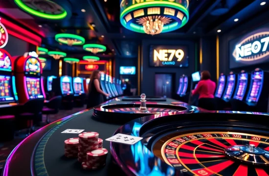 Engaging players at a NEO79 casino table, showcasing chips and cards.