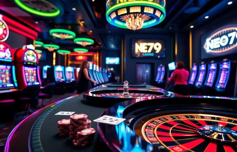 Engaging players at a NEO79 casino table, showcasing chips and cards.