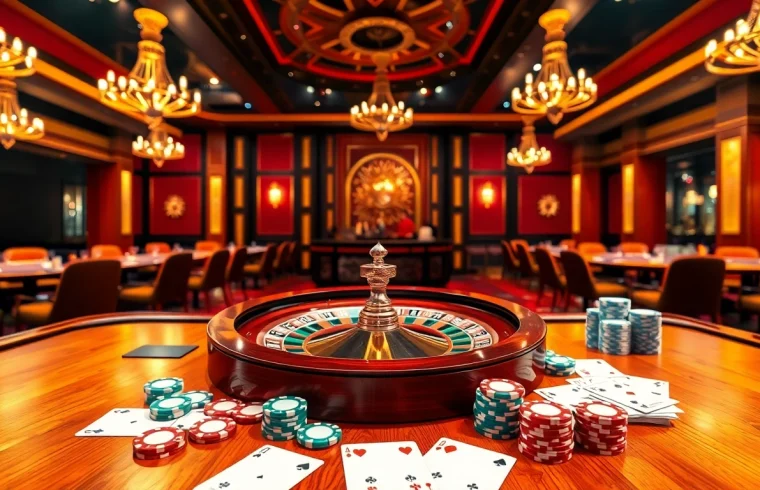 Playing cards and poker chips on a casino table at https://urr88.com/, emphasizing exciting gambling action.