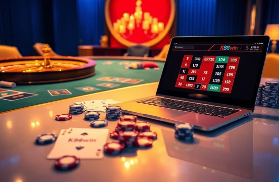 Experience the thrill of k88win with vibrant poker chips and an elegant roulette wheel in a luxurious casino setting.