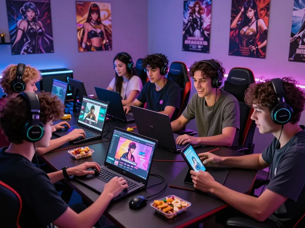 Friends enjoying vibrant sex games on various devices in a cozy gaming setup