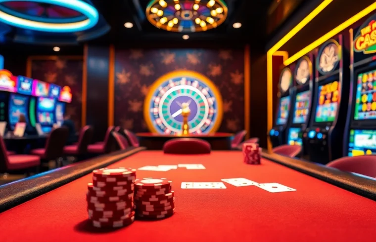 Engaging in exciting idnslot games at a luxurious casino, featuring poker tables and roulette wheels.