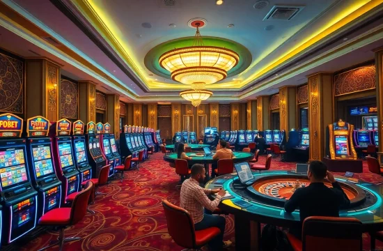 Experience F8BET's thrilling casino atmosphere with elegant tables and vibrant slot machines.