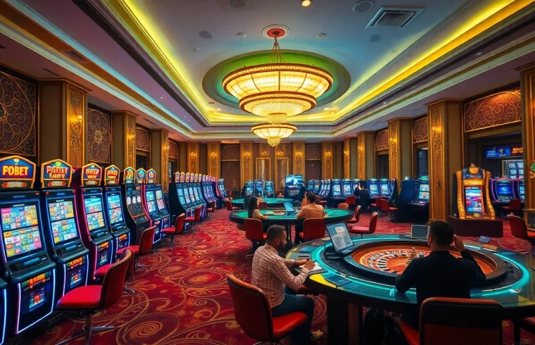 Experience F8BET's thrilling casino atmosphere with elegant tables and vibrant slot machines.