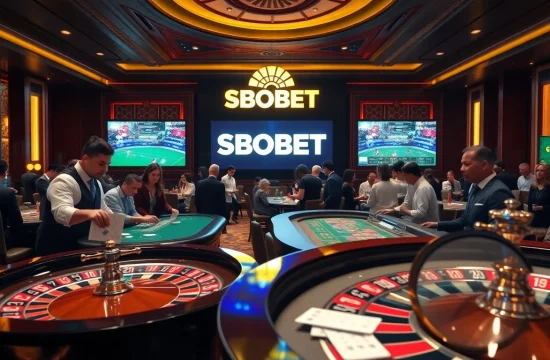 SBOBET logo featured in a lively casino scene showcasing sports betting excitement with gamblers in action.
