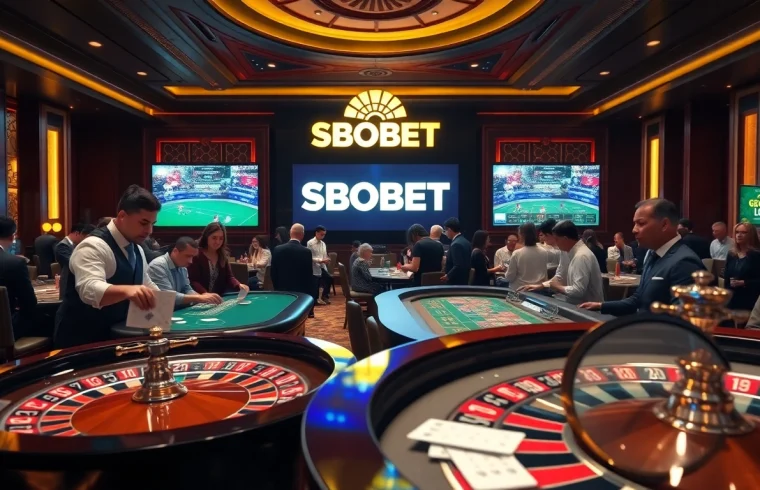 SBOBET logo featured in a lively casino scene showcasing sports betting excitement with gamblers in action.