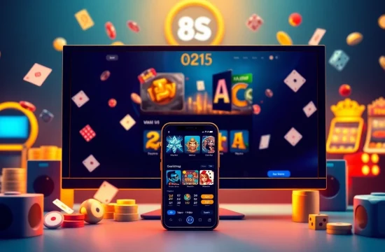 Engaging scene of online gambling with 8S, showcasing a smartphone and desktop gaming interface in a luxurious setup.