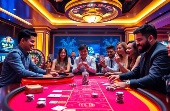 Experience thrilling gameplay at RAJA LUCK with engaged players around a roulette wheel and poker chips.
