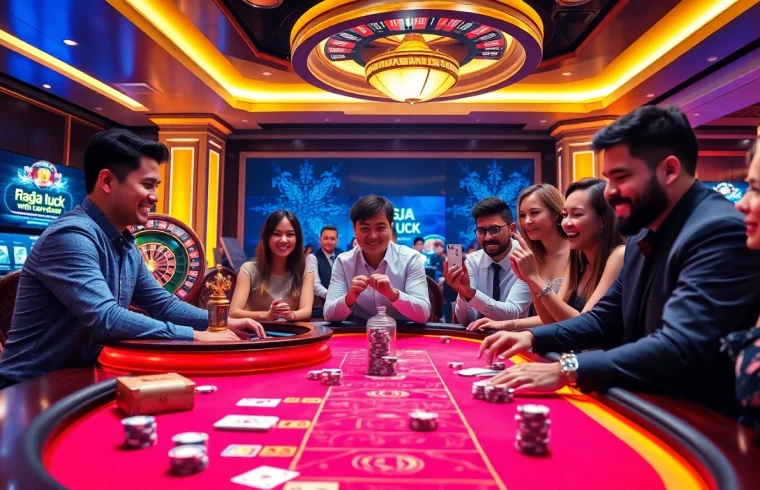 Experience thrilling gameplay at RAJA LUCK with engaged players around a roulette wheel and poker chips.