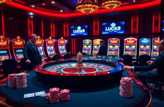Experience thrilling gameplay at LUCK8's vibrant casino filled with poker chips and roulette tables.