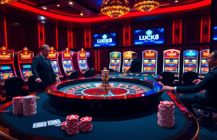 Experience thrilling gameplay at LUCK8's vibrant casino filled with poker chips and roulette tables.