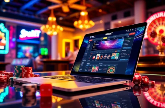 SBOBET online betting interface with poker chips and a roulette wheel in a vibrant casino setting.