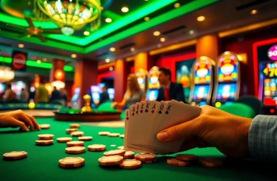 Players enjoying a game of poker at SODO66 Casino with vibrant lighting and colorful chips.