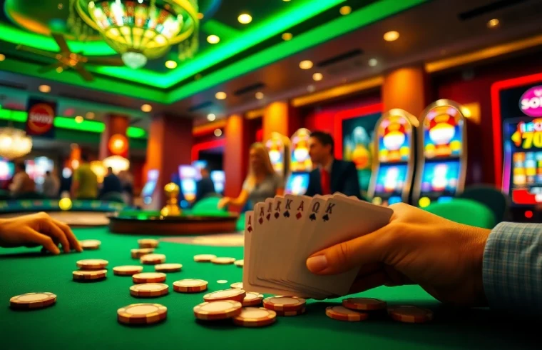 Players enjoying a game of poker at SODO66 Casino with vibrant lighting and colorful chips.