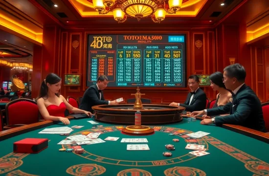 Toto Macau live draw showcased with players engaging at a vibrant casino table filled with chips.