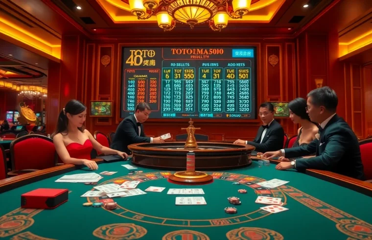 Toto Macau live draw showcased with players engaging at a vibrant casino table filled with chips.