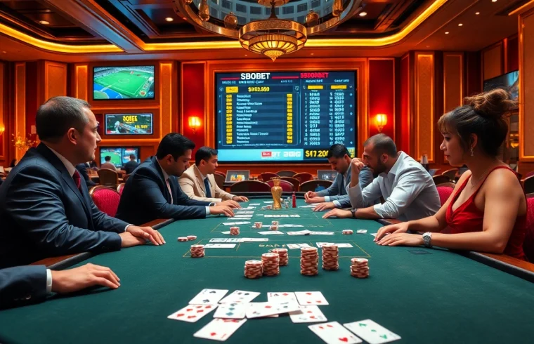 Engaging players betting on SBOBET at a vibrant casino table, showcasing excitement and luxury.