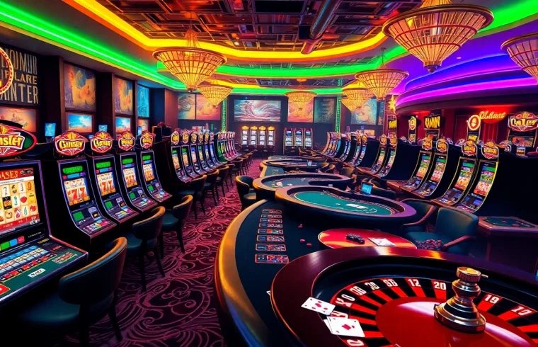 Exciting gambling action at 78wintl.org casino with slot machines and poker tables.