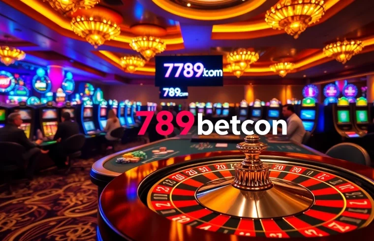 A vibrant casino scene with players engaging in games, featuring the logo 789betcom amidst the excitement.
